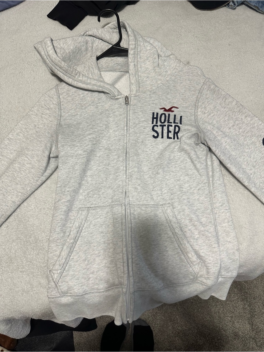 Hollister Light Gray Zip-Up Hoodie with Navy Logo and Red Seagull